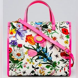 Authentic GUCCI Pink Leather Multicolor Floral Canvas Tote Bag